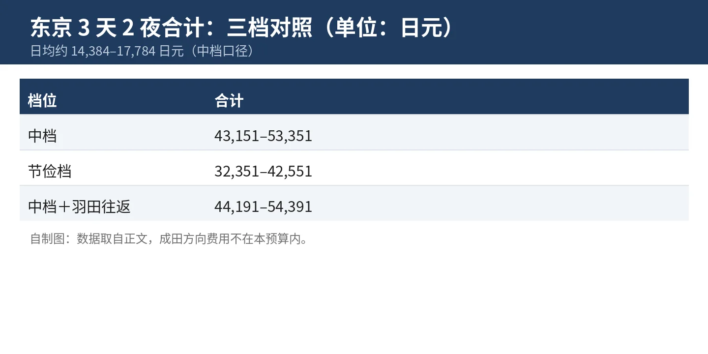 东京 3 天 2 夜合计三档对照